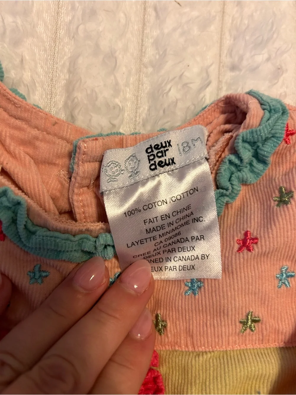deux par deux Peach Baby Dress with Teal Ruffle and Multicolor Star Embroidery